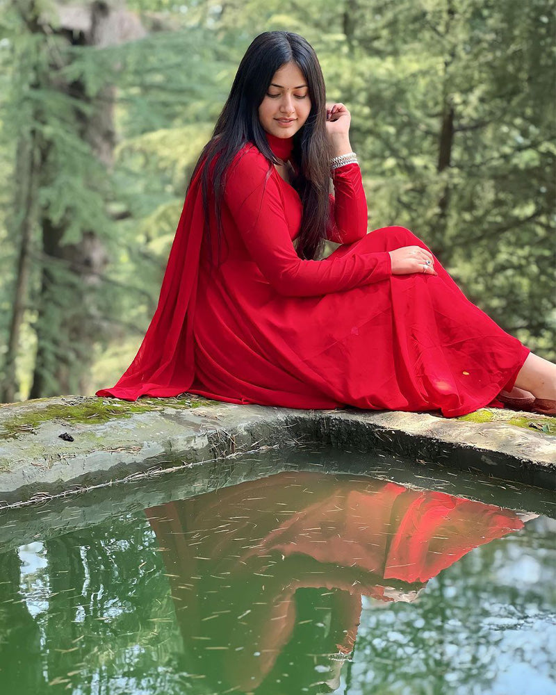 Jyoti Thakur Designer Back String Style Red Colour Three Piece Anarkali Suit