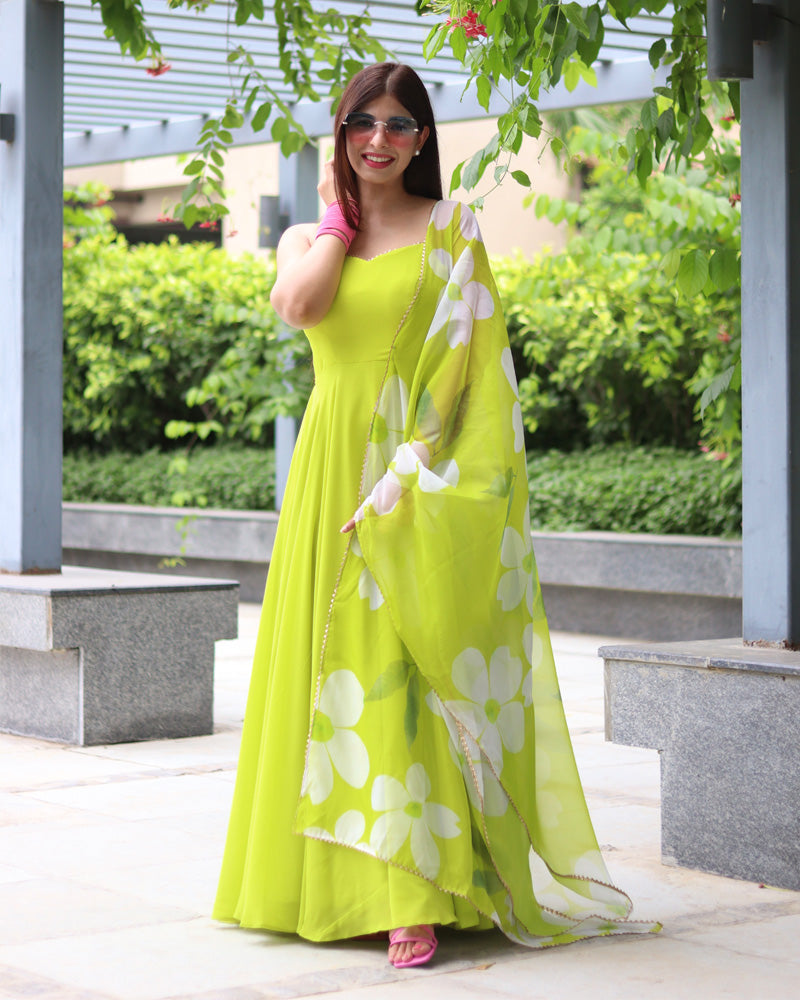 Neon Color Soft Georgette Anarkali Gown With Floral Printed Dupatta