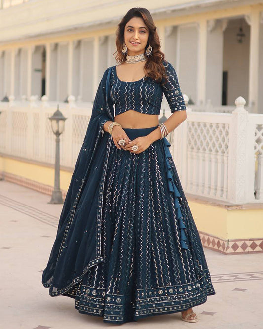 Rama Color Blooming Soft Georgette Heavy Embroidery Threaded Semi Stitched Lehenga Choli