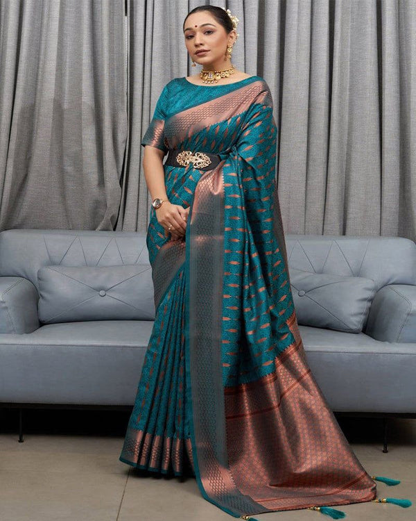 Bottle Green color Zari Weaving Work Pure Silk Saree