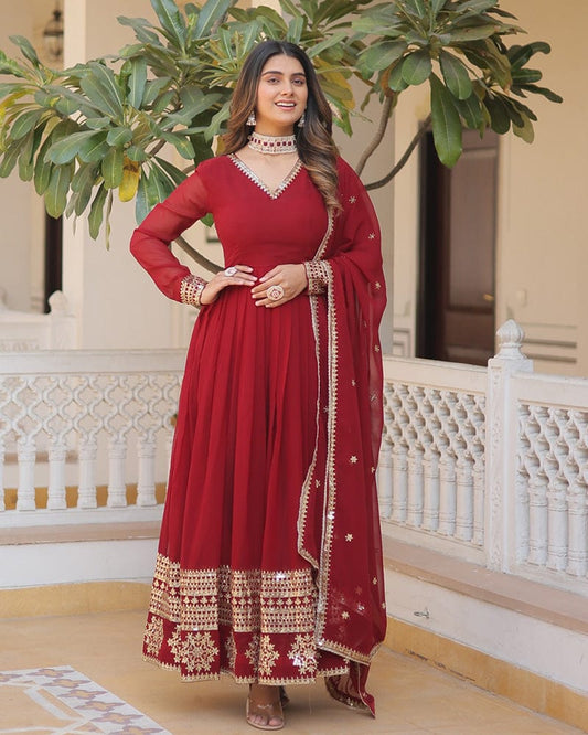 Exclusive Maroon Color Attractive Sequence Embroidery work Gown