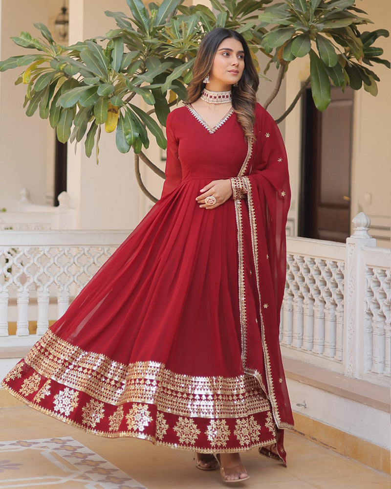 Exclusive Maroon Color Attractive Sequence Embroidery work Gown