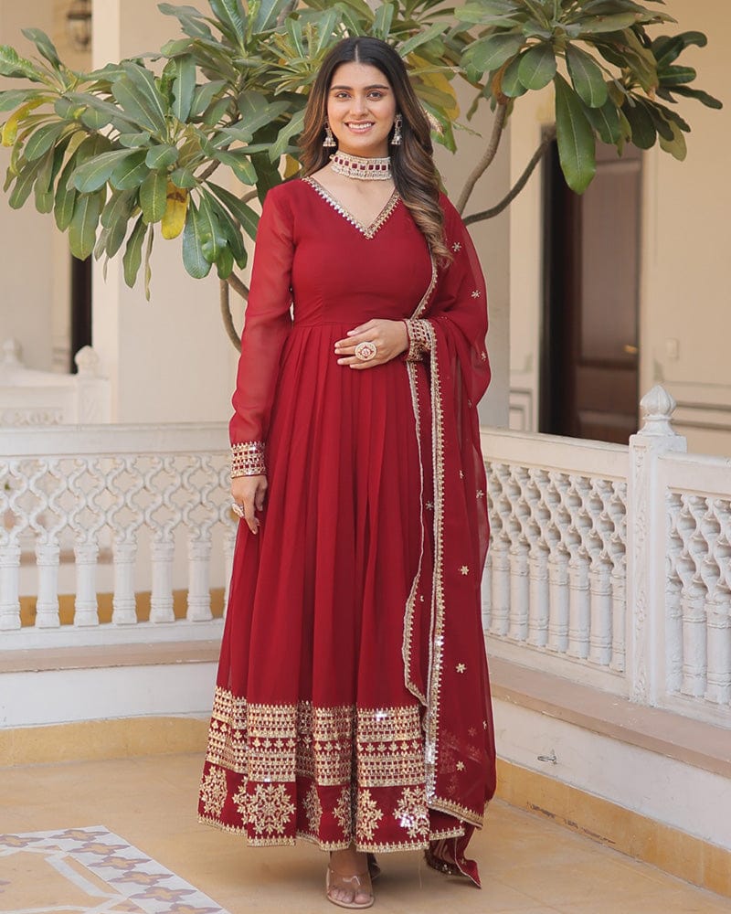 Exclusive Maroon Color Attractive Sequence Embroidery work Gown