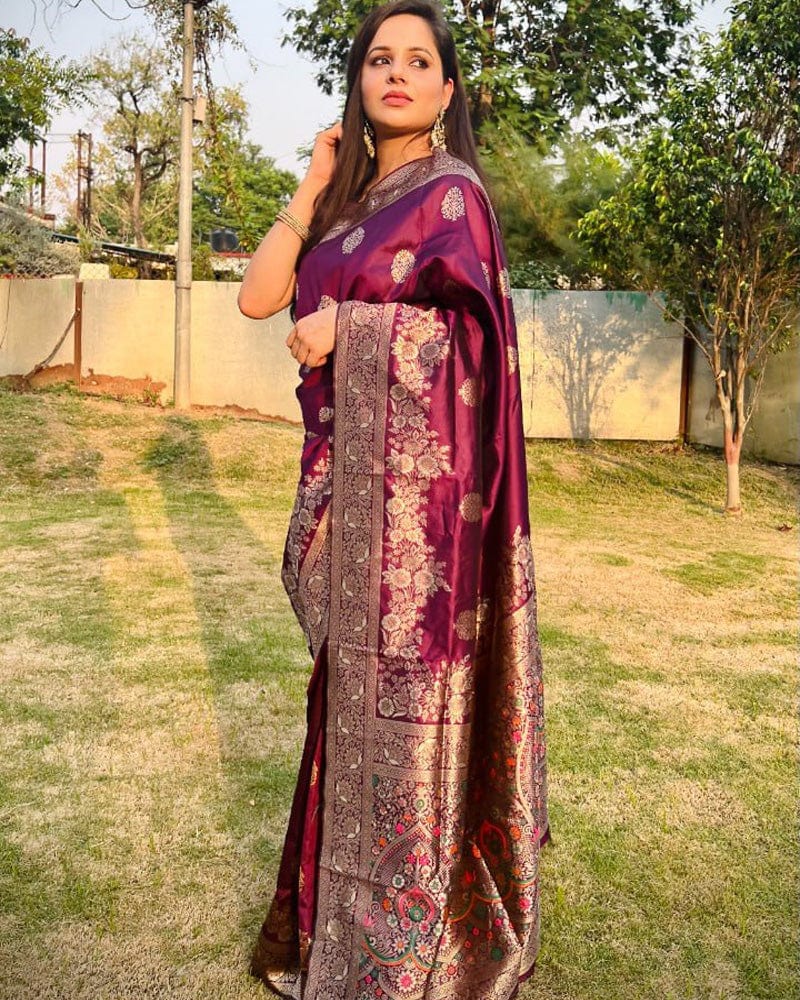 Heavy Designing wine Color Jacquard Print Soft Silk Saree