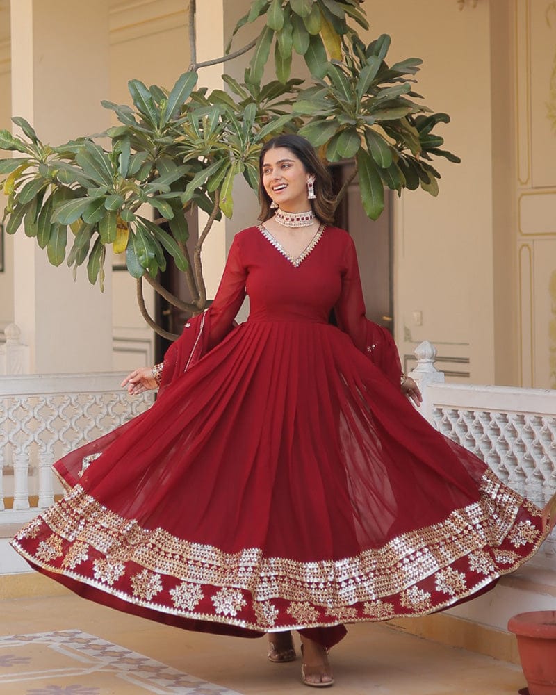 Exclusive Maroon Color Attractive Sequence Embroidery work Gown