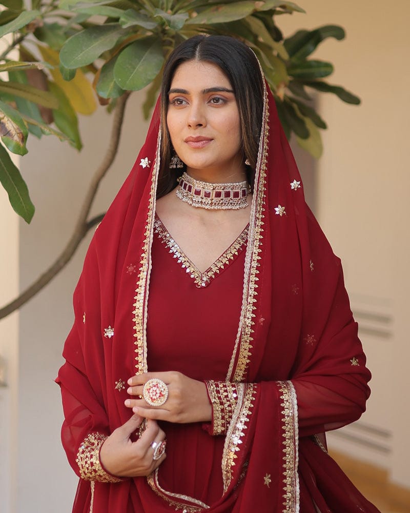 Exclusive Maroon Color Attractive Sequence Embroidery work Gown