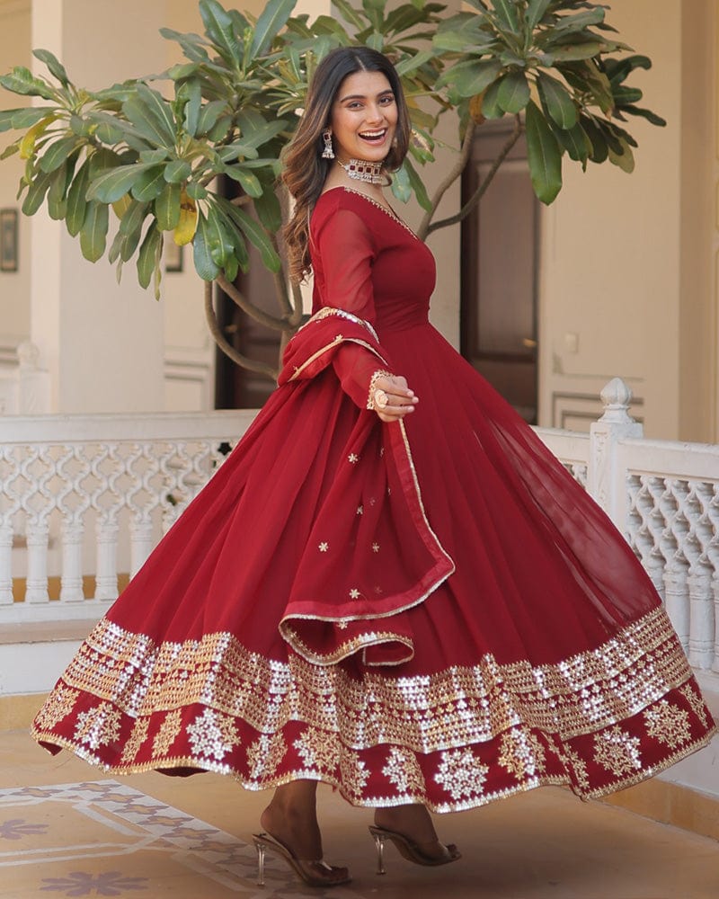 Exclusive Maroon Color Attractive Sequence Embroidery work Gown