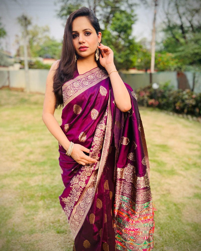 Heavy Designing wine Color Jacquard Print Soft Silk Saree