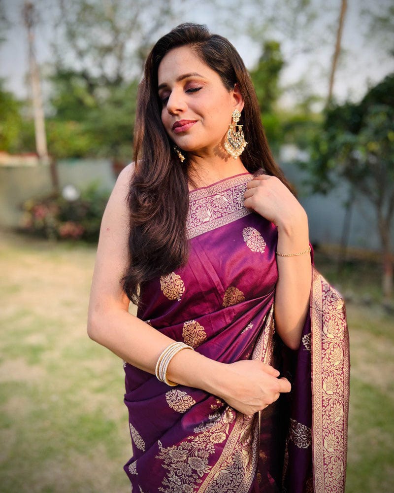 Heavy Designing wine Color Jacquard Print Soft Silk Saree