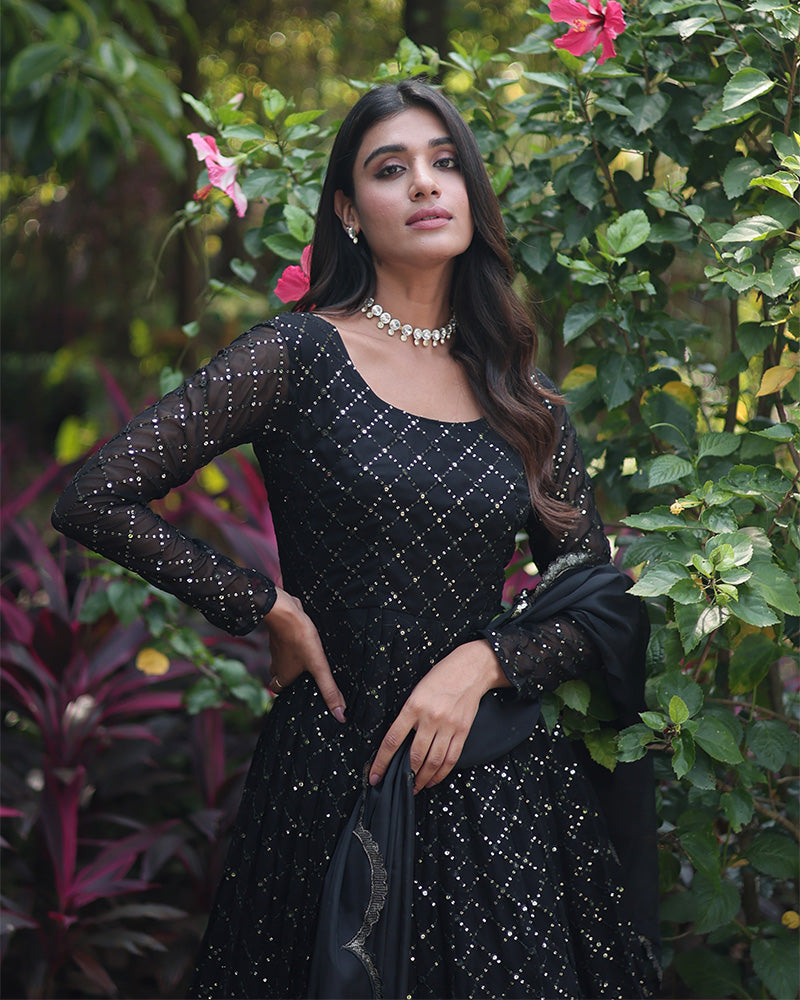 Black Color Designer Anarkali Gown With Dupatta