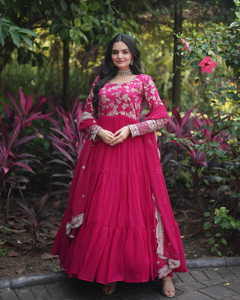 Pink Color  Anarkali Gown With Faux Blooming Dupatta