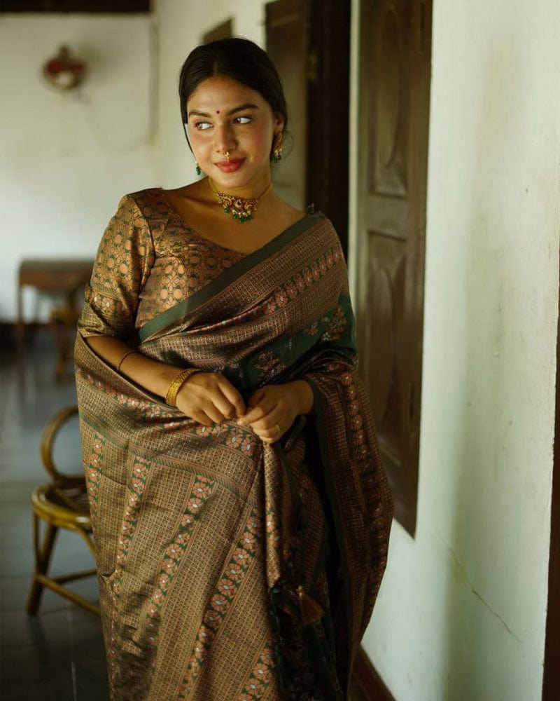 Green Color Floral Soft Lichi Silk Saree