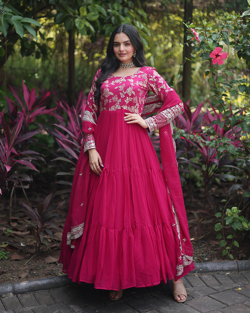 Pink Color  Anarkali Gown With Faux Blooming Dupatta