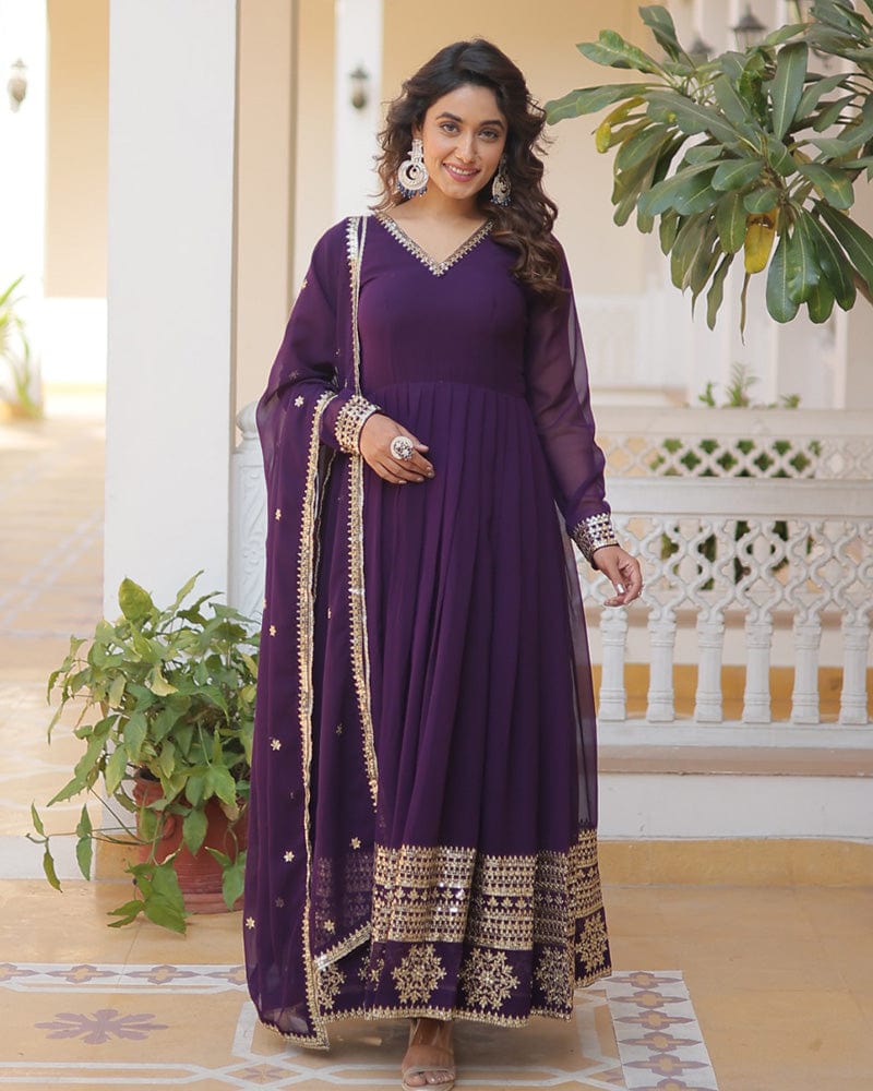Exclusive Wine Color Attractive Sequence Embroidery work Gown