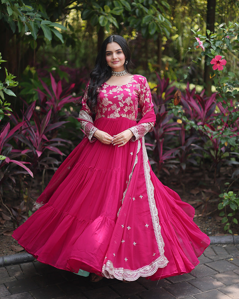 Pink Color  Anarkali Gown With Faux Blooming Dupatta