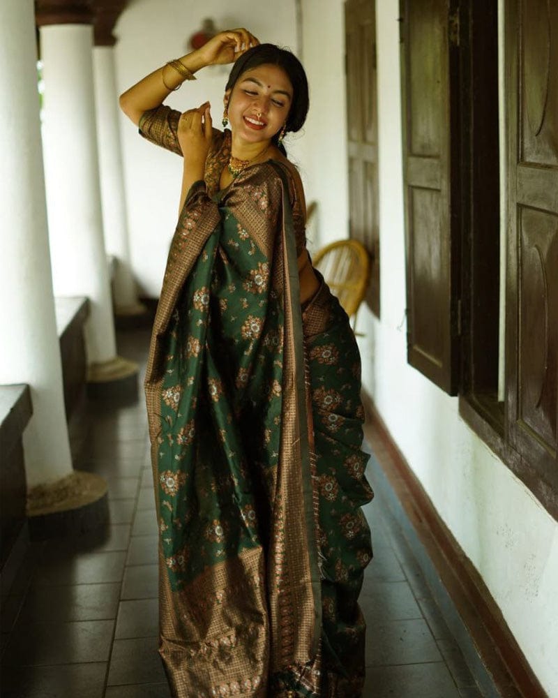 Green Color Floral Soft Lichi Silk Saree