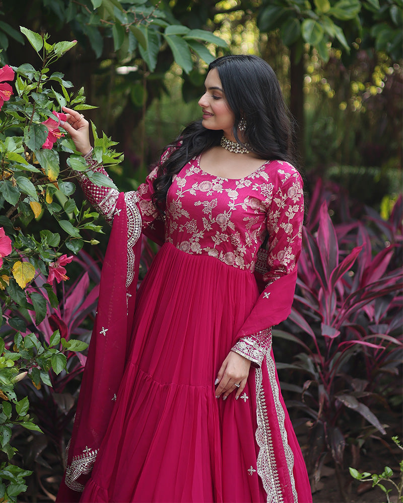 Pink Color  Anarkali Gown With Faux Blooming Dupatta