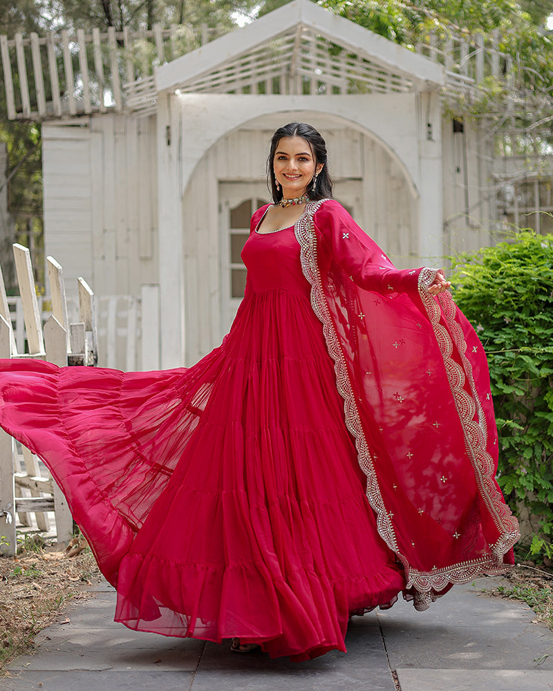 Rani Pink Color Designer Embroidered Gown With Dupatta