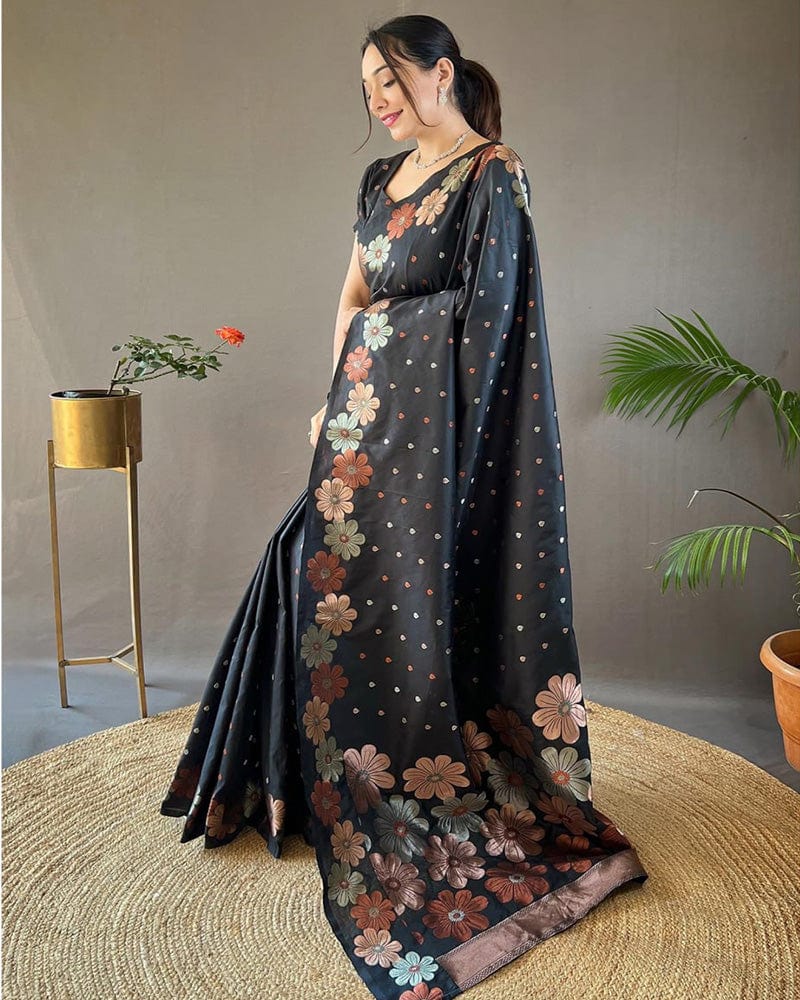 Jacquard Design Black color Soft Lichi Silk Saree