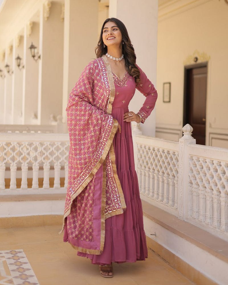 Onion Color Faux Georgette Designer Anarkali Gown With Dupatta