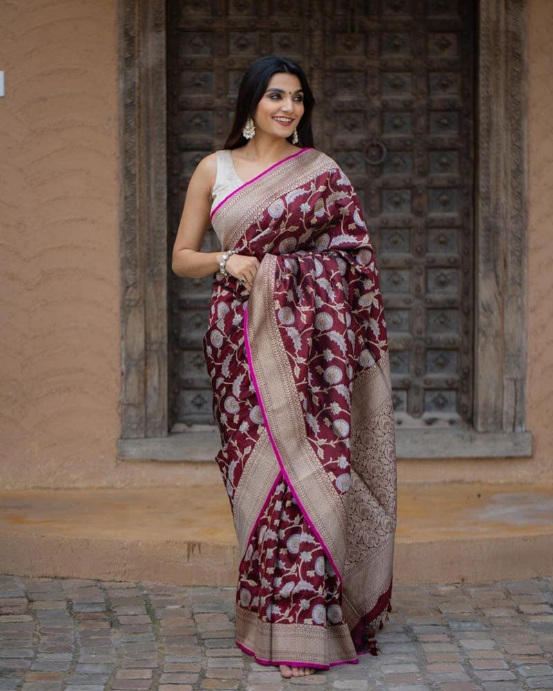 Heavy Designing Maroon Color Jacquard Print Soft Silk Saree