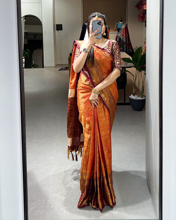 Designer Orange Color Kanjivaram Saree With Zari Work