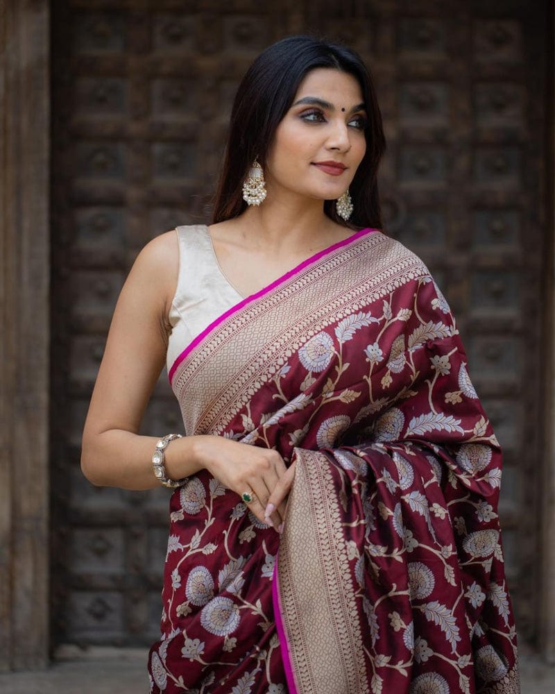 Heavy Designing Maroon Color Jacquard Print Soft Silk Saree