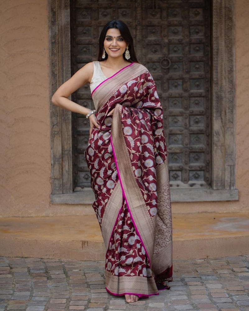 Heavy Designing Maroon Color Jacquard Print Soft Silk Saree