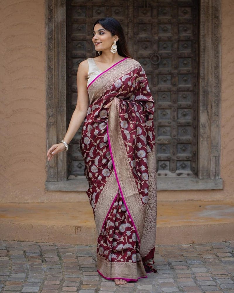 Heavy Designing Maroon Color Jacquard Print Soft Silk Saree