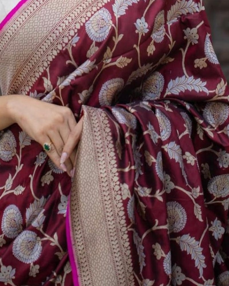 Heavy Designing Maroon Color Jacquard Print Soft Silk Saree