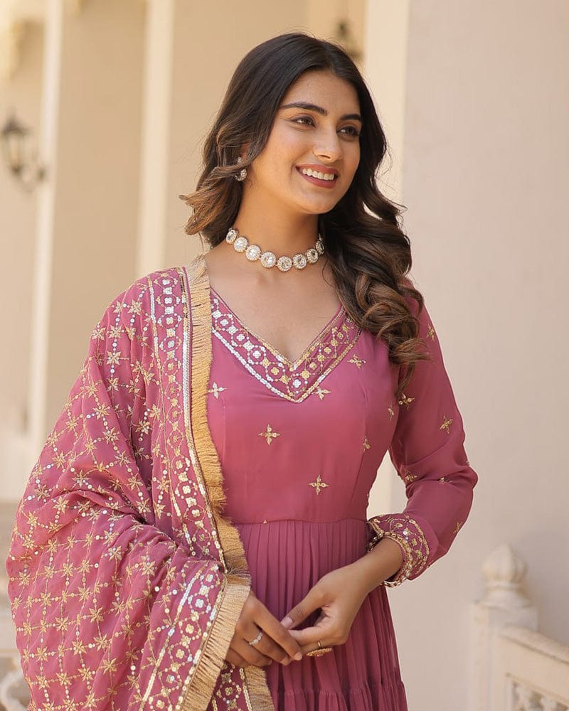 Onion Color Faux Georgette Designer Anarkali Gown With Dupatta