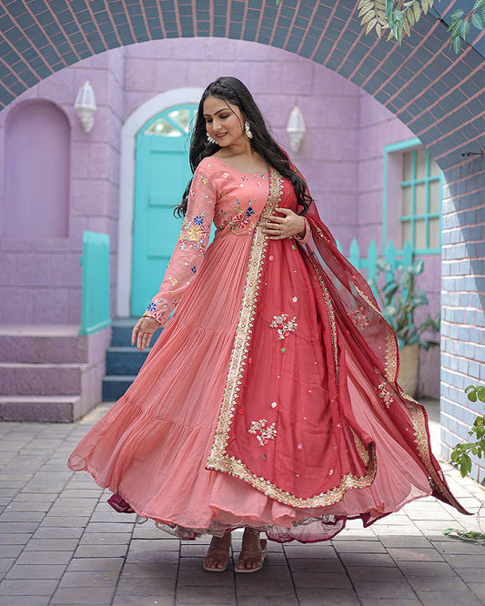 Peach Color Faux Georgette Designer Gown With Dupatta