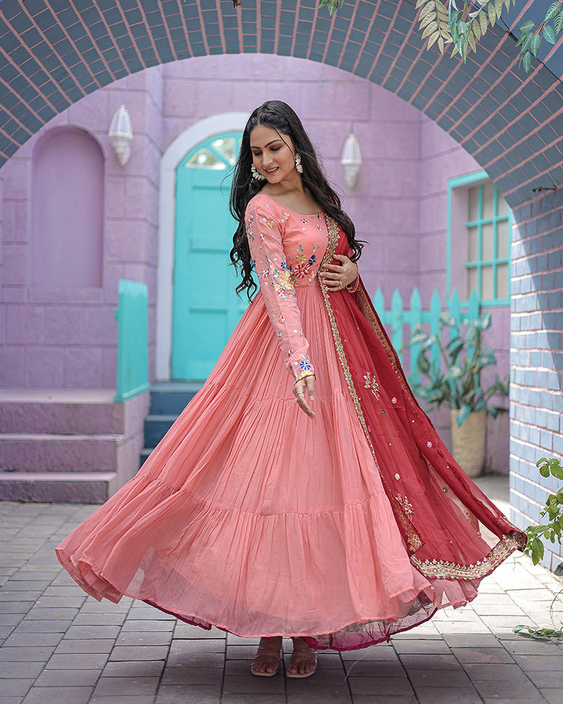Peach Color Faux Georgette Designer Gown With Dupatta