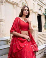 Red Color Pure Chanderi Plain Navratri Lehenga Choli