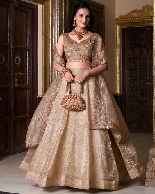 Chikoo Color Gold Crush Lehenga Choli