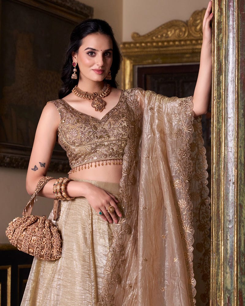 Chikoo Color Gold Crush Lehenga Choli
