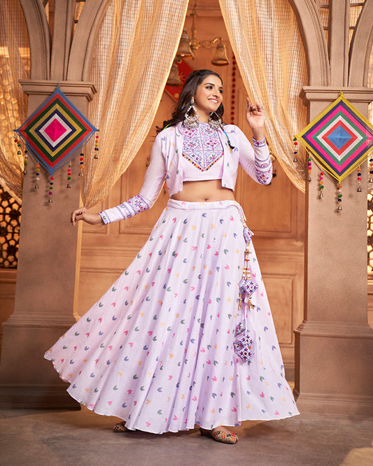 Lavender Color Cotton Jacquard Weaving Fully Stitched Navratri Lehenga Choli