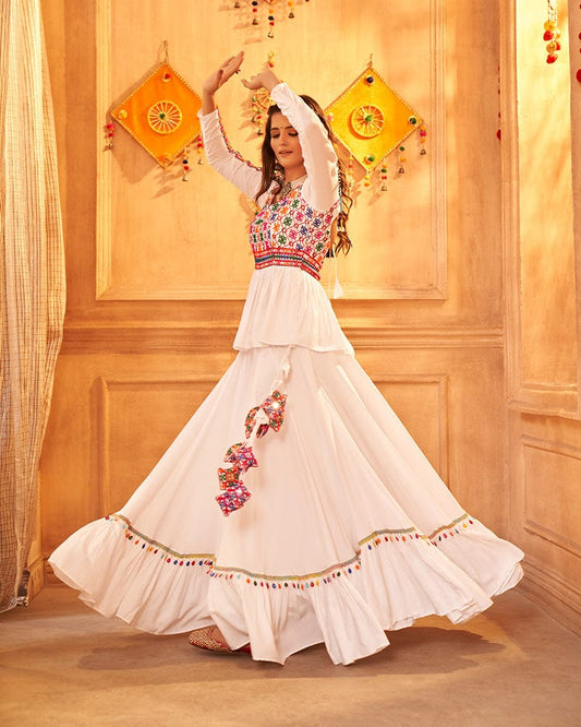 White Color Viscose Rayon Thread And Mirror Work Fully Stitched Navratri Lehenga Choli