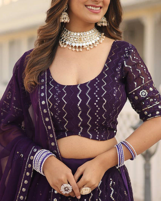 Wine Color Blooming Soft Georgette Heavy Embroidery Threaded Semi Stitched Lehenga Choli