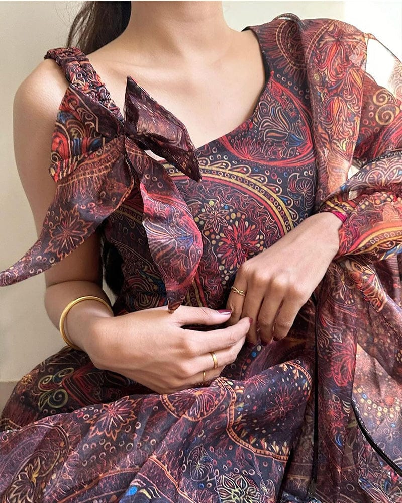 Brown Color Printed Soft Organza Anarkali Three Piece Suit