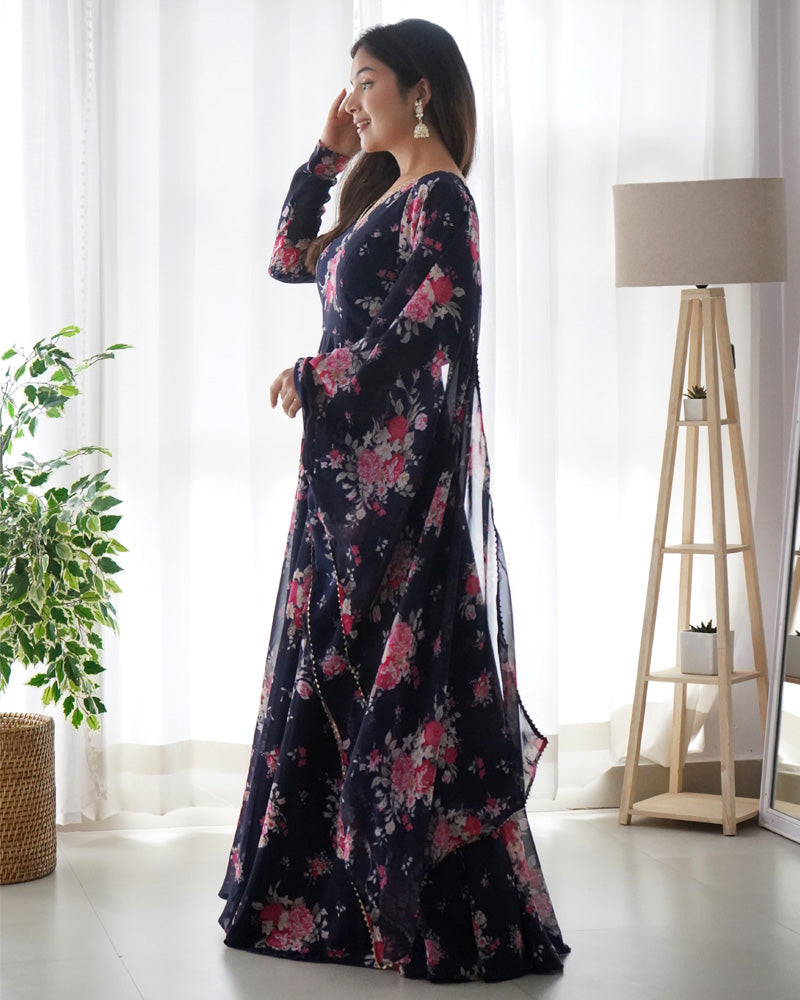 Floral Navy Blue Color Pure Soft Georgette Anarkali Suit