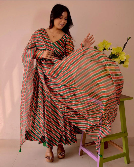 Green And Red Color Laheriya Print Tabby Organza Anarkali Suit