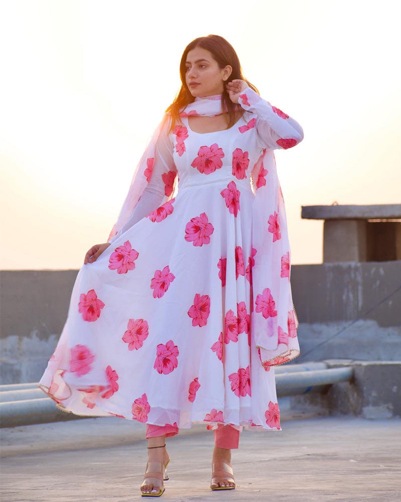 Sonia Verma White Rose Colour Three Piece Organza Tebby Anarkali Suit