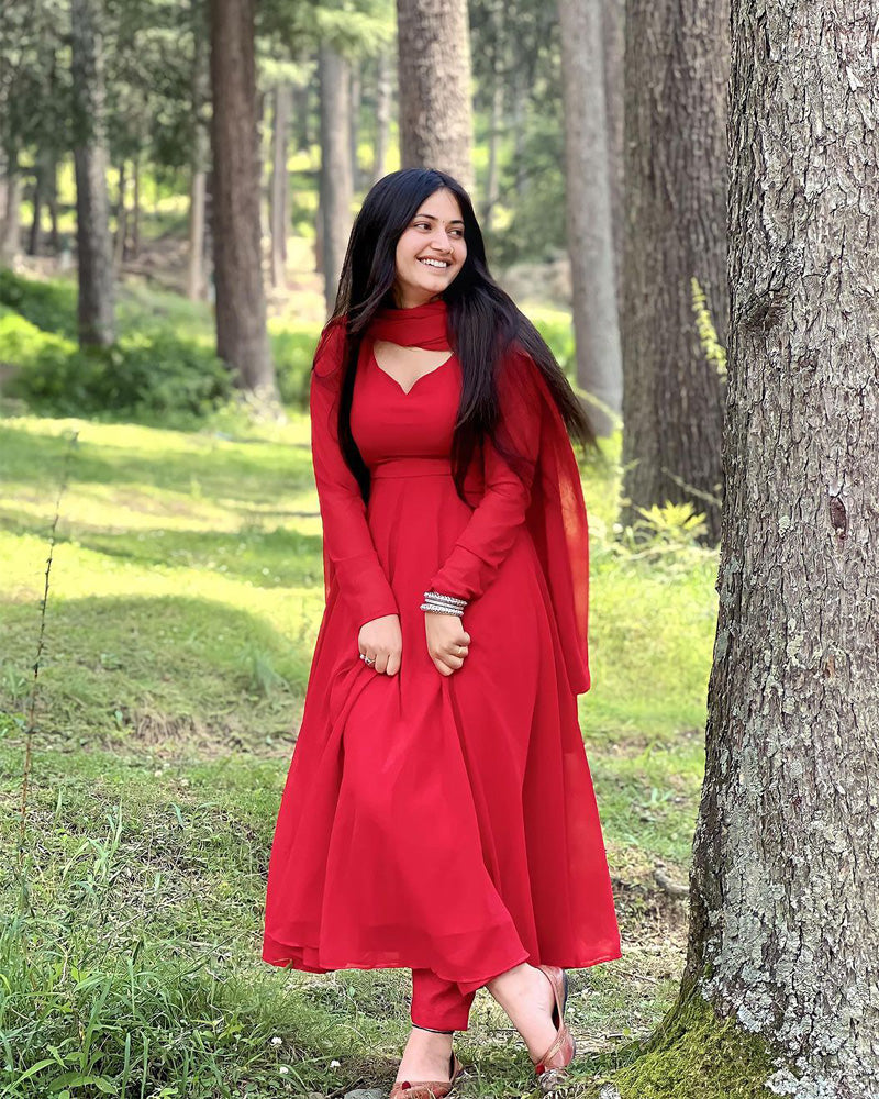 Jyoti Thakur Designer Back String Style Red Colour Three Piece Anarkali Suit