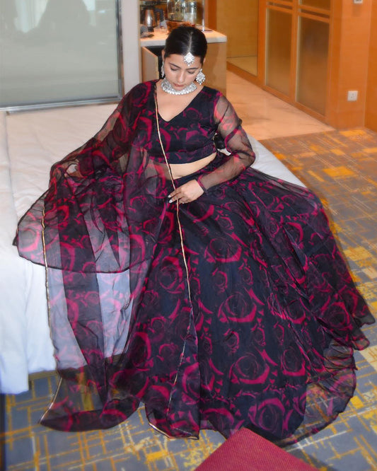 Sonia Verma Wine Floral Soft Organza Silk Full Stitched Lehenga Choli