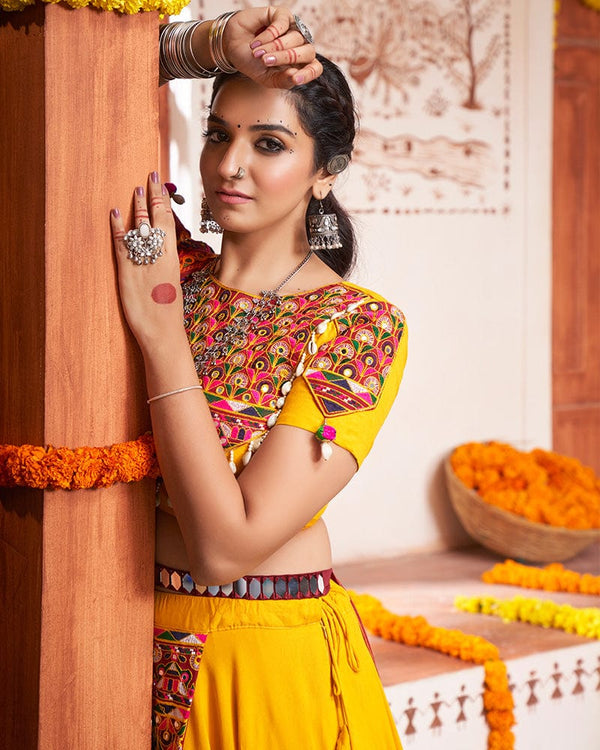 Yellow Color Viscose Rayon Thread And Mirror Work Fully Stitched Navratri Lehenga Choli