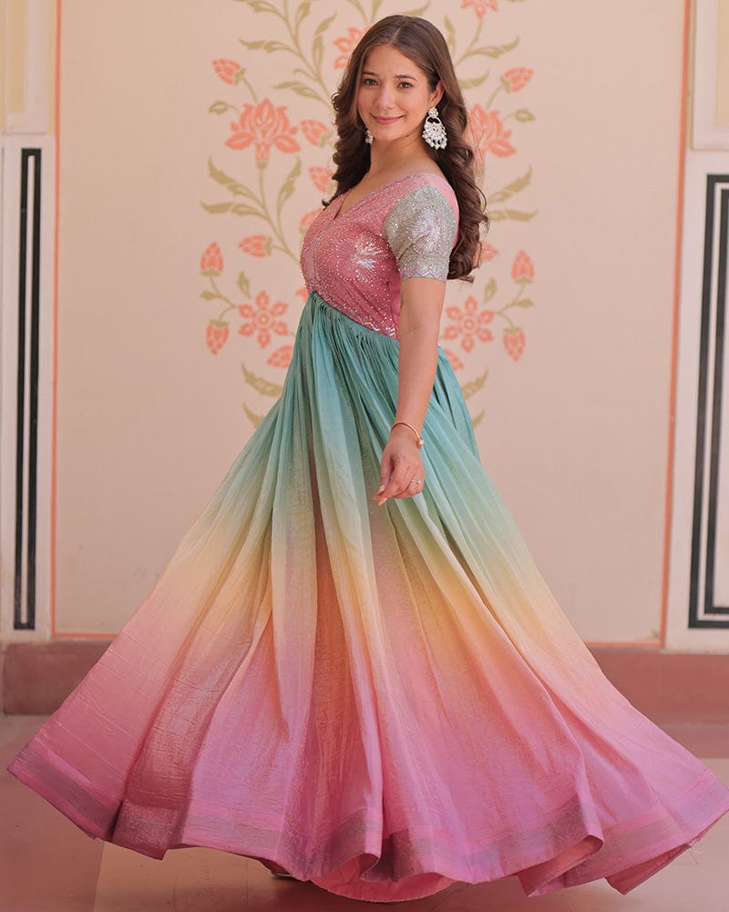 Puce pink Color Gold Crush Embroidered work Gown