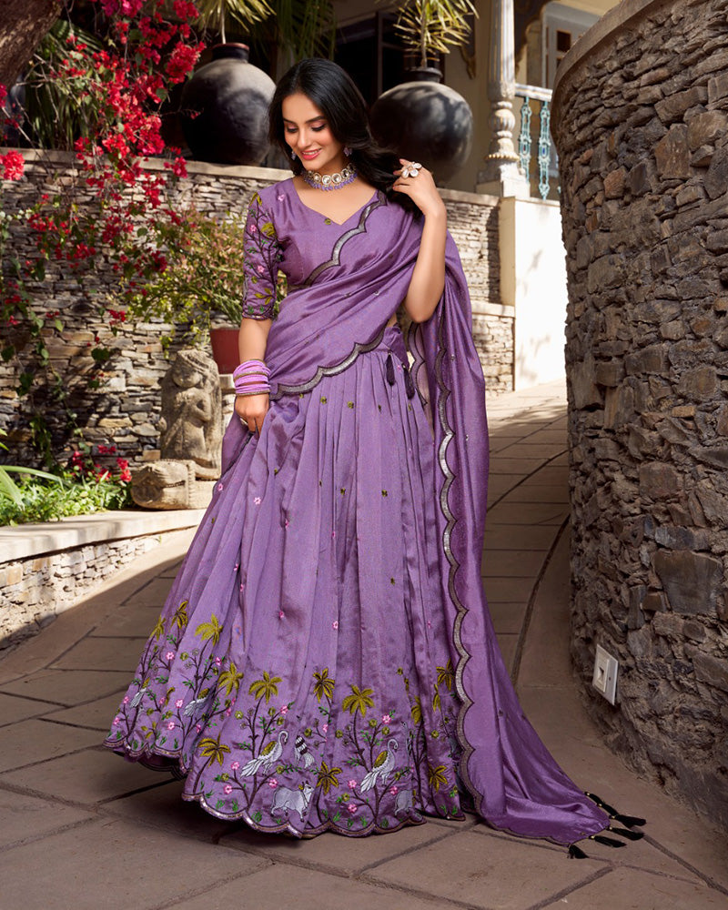 Lavender Color Vichitra Silk Thread Embroidered Lehenga Choli