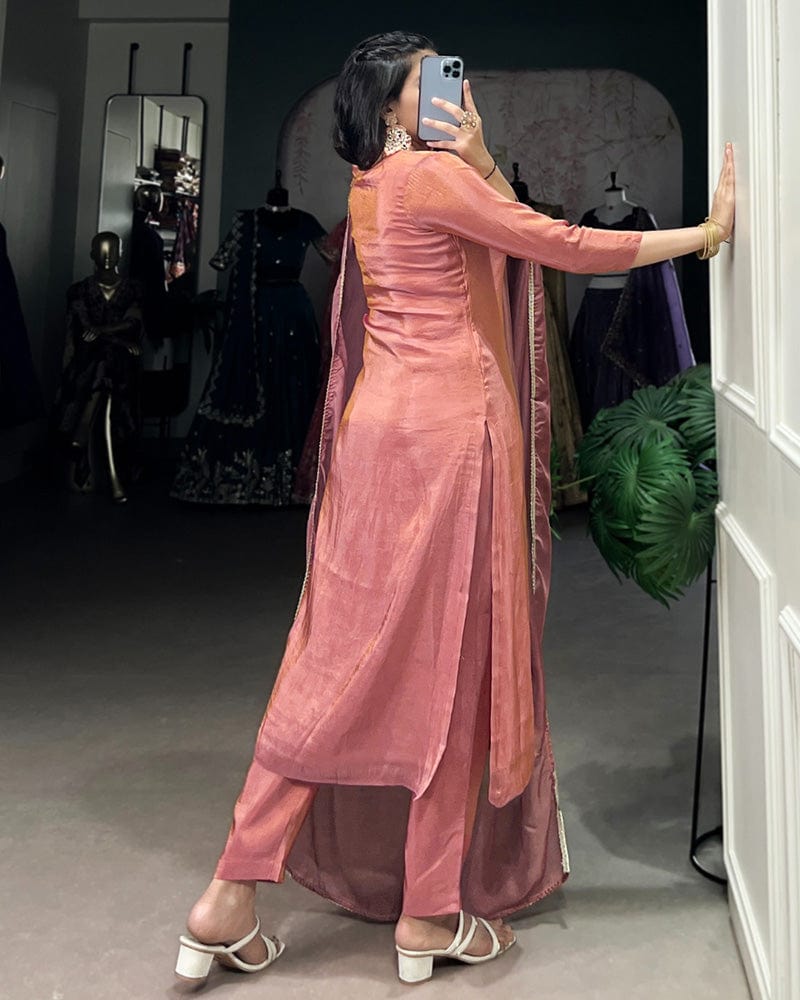 Peach Color Viscose Tissue Three Piece Kurti Suit