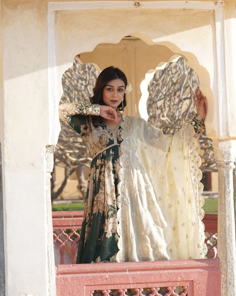 Designer Wedding Wear Printed Olive Green Color Gown With Dupatta